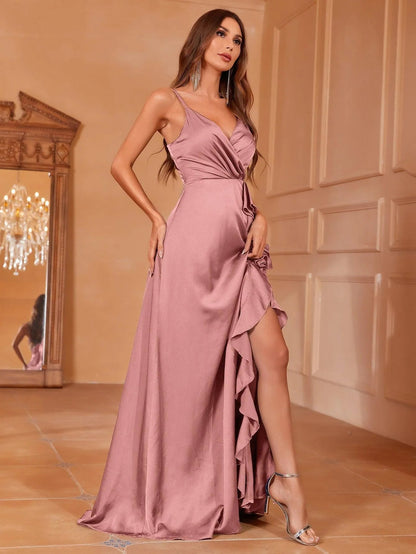 Additional product view of Ruffle Trim Cami Strap Satin High-Slit A-Line Evening Gown