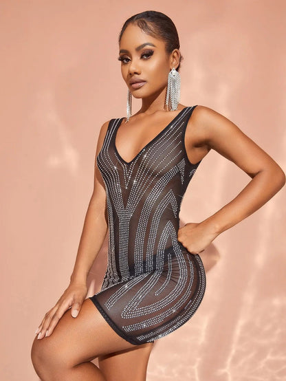 Chic Rhinestone Detail Plunging Neck Sheer Mesh Mini Dress – view 6