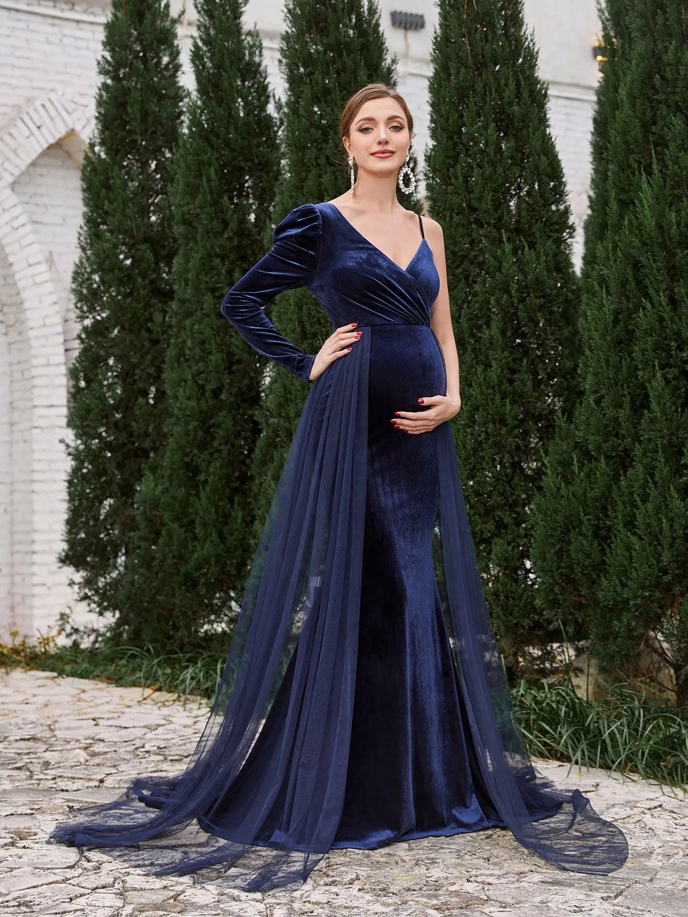 Maternity Asymmetrical Neck Mermaid Hem Velvet Dress – view 5