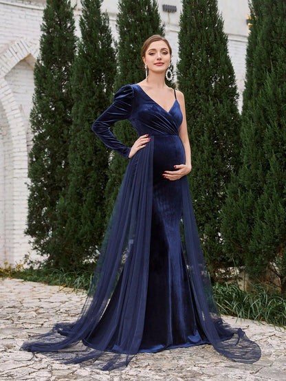 Maternity Asymmetrical Neck Mermaid Hem Velvet Dress – view 5