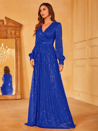 Elegant V Neck Long Sleeves Sequin A Line Dresses