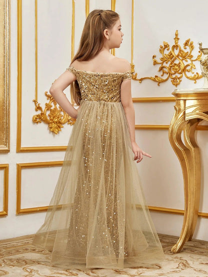 Additional product view of Mesh Overlay Off-Shoulder Sequin Mermaid Short-Sleeve Maxi Tween Girls' Party Dress