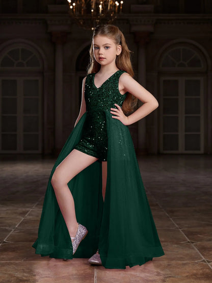Additional product view of Mesh Overlay V-Neck Sequin Sleeveless Tween Girls' Formal Romper