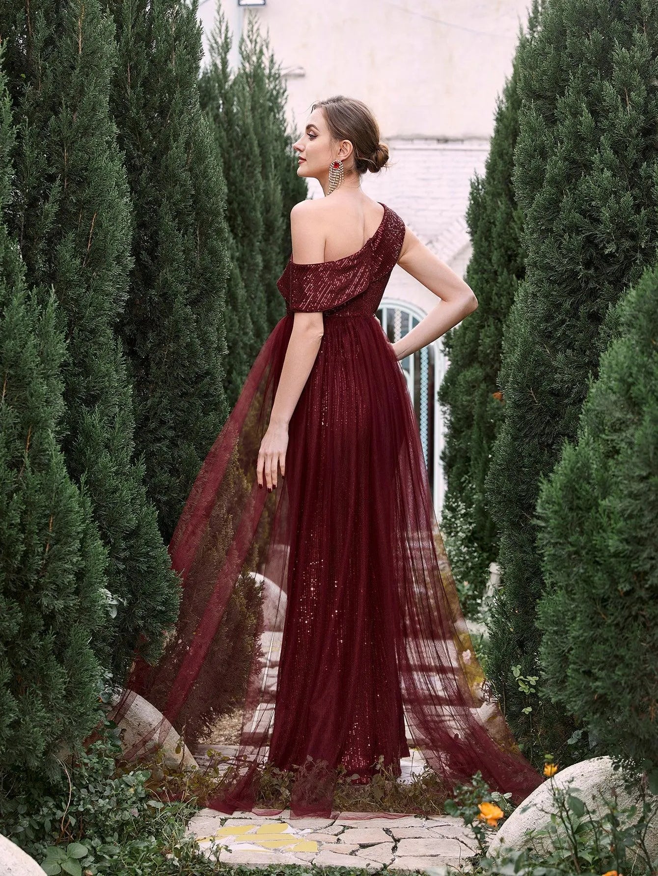 Additional product view of Mesh Overlay One-Shoulder Mermaid Sleeveless Sequin Maternity Evening Dress