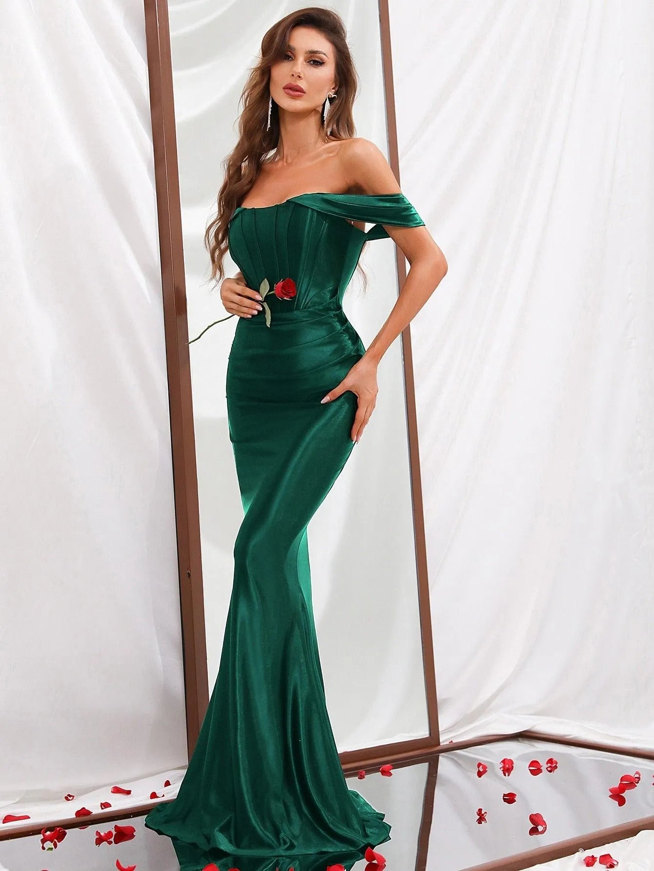 Additional product view of Mermaid Hem Off-Shoulder Satin Sleeveless Maxi Evening Gown