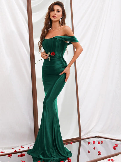 Additional product view of Mermaid Hem Off-Shoulder Satin Sleeveless Maxi Evening Gown
