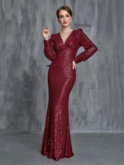 Women's Plunging Neck Mermaid Hem Sequin Formal Dress