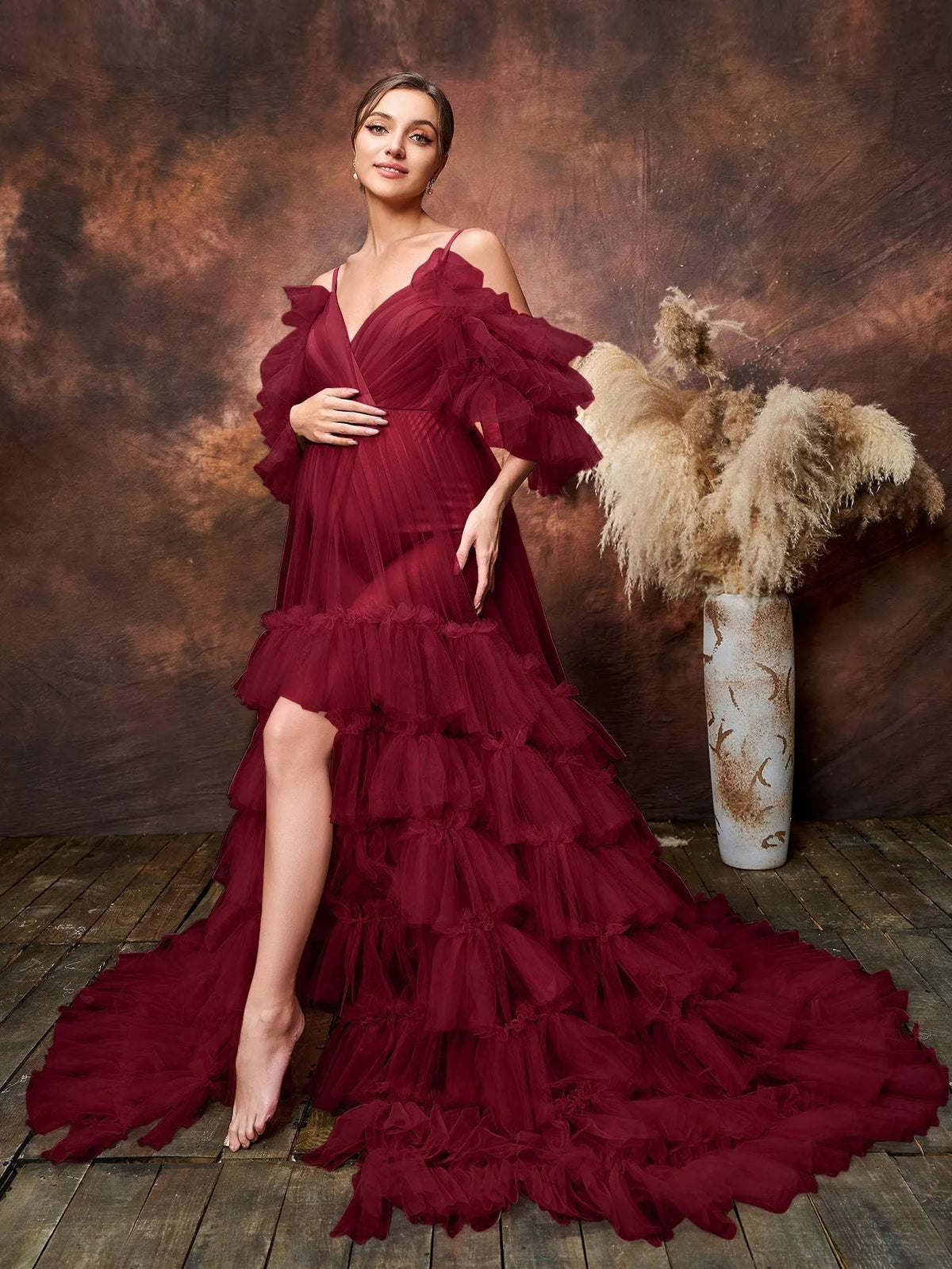 Additional product view of Layered Hem Cami Strap Off-Shoulder Mesh A-Line Maternity Formal Dress