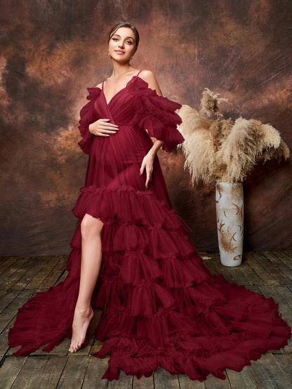 Additional product view of Layered Hem Cami Strap Off-Shoulder Mesh A-Line Maternity Formal Dress