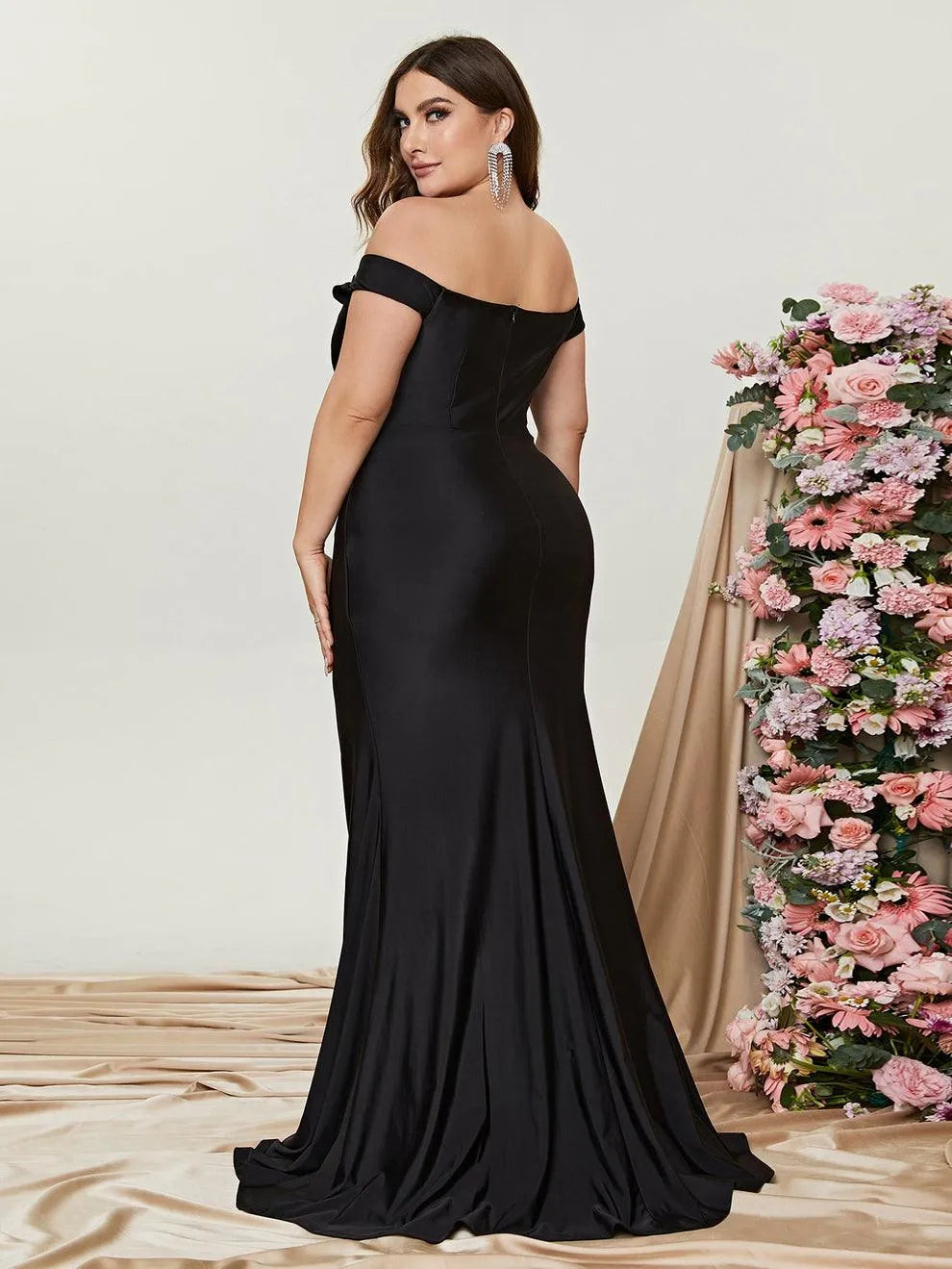Additional product view of Ruched Wrap Plus-Size Off-Shoulder Knit High-Slit Evening Gown