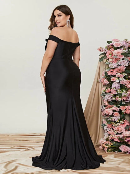 Additional product view of Ruched Wrap Plus-Size Off-Shoulder Knit High-Slit Evening Gown