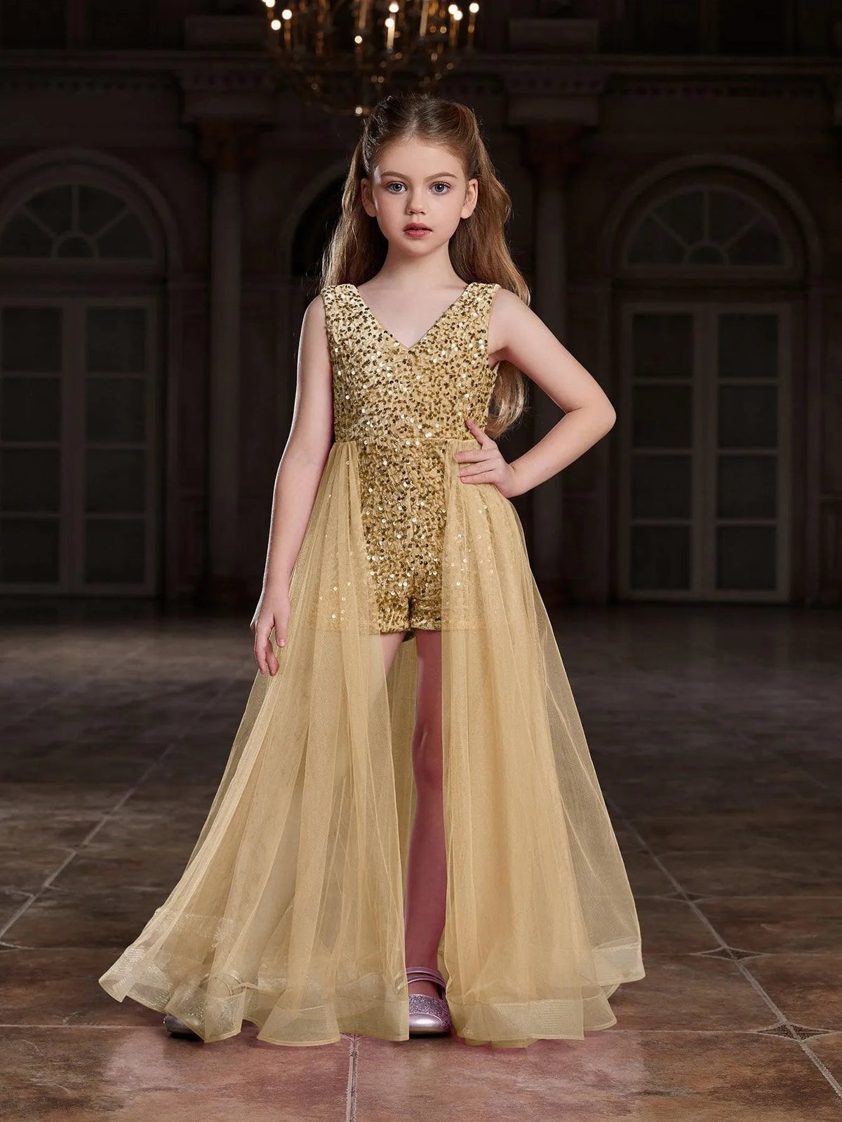 Additional product view of Mesh Overlay V-Neck Sequin Sleeveless Tween Girls' Formal Romper