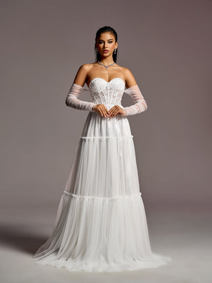 Elegant Lace Corset Bodice Sheer Sleeves A-line Tulle Wedding Dress – view 3