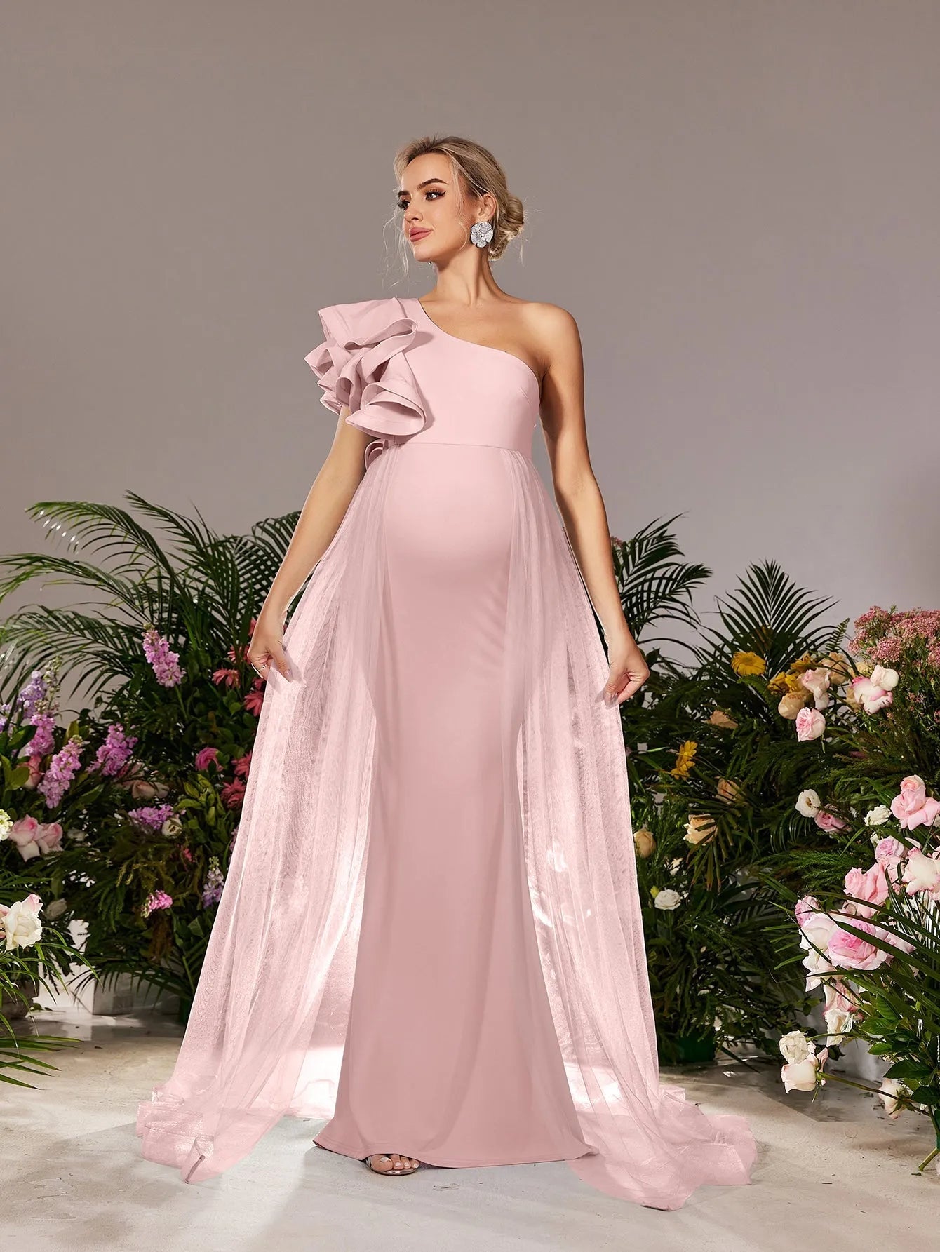 Additional product view of Mesh Overlay Ruffle Trim One-Shoulder Knit Mermaid Maternity Evening Dress