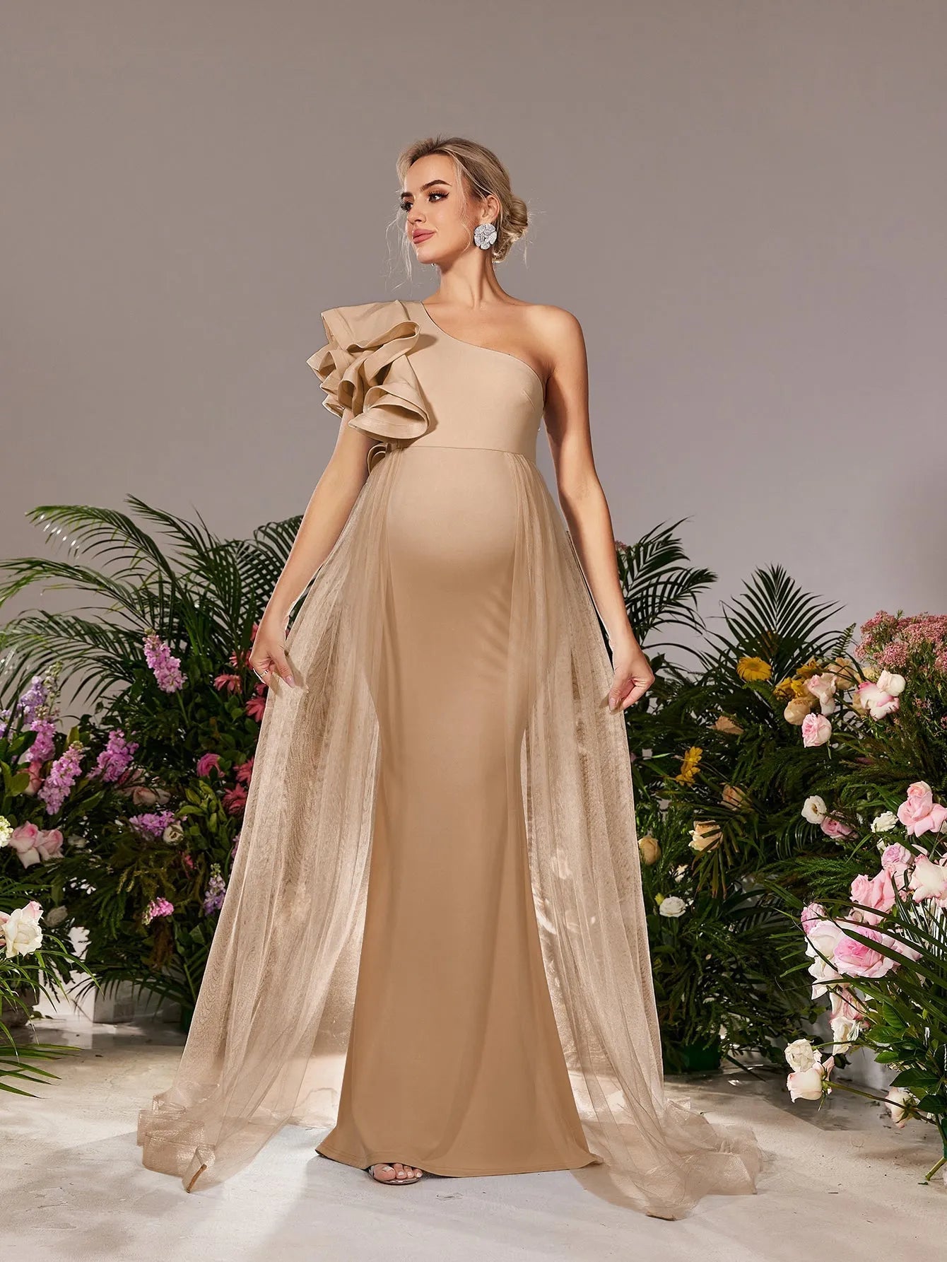 Additional product view of Mesh Overlay Ruffle Trim One-Shoulder Knit Mermaid Maternity Evening Dress