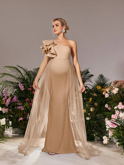 Additional product view of Mesh Overlay Ruffle Trim One-Shoulder Knit Mermaid Maternity Evening Dress