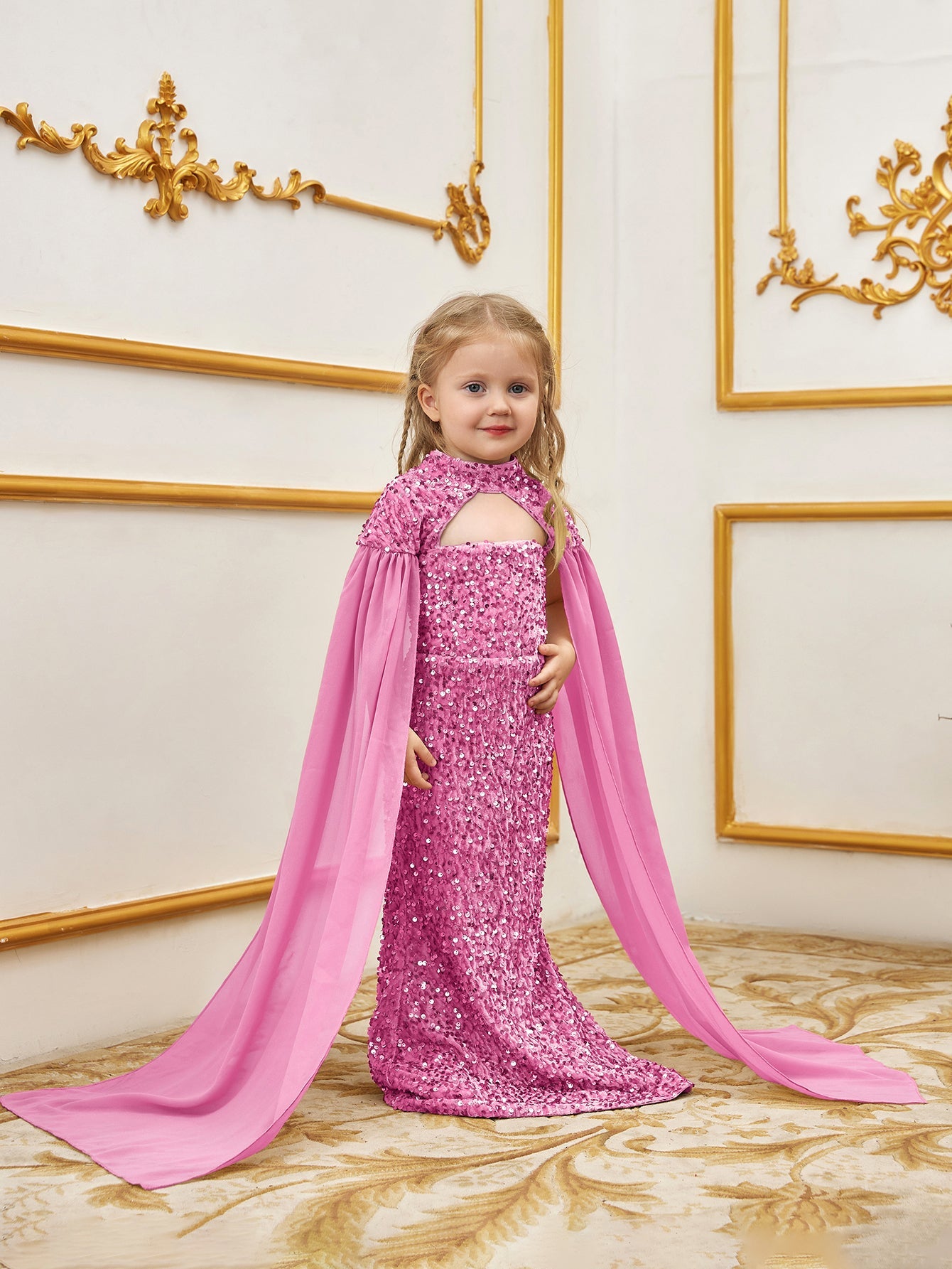 Additional product view of Cape-Sleeve Mock-Neck Sequin Mermaid Maxi Young Girls' Party Dress