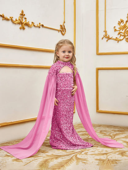 Additional product view of Cape-Sleeve Mock-Neck Sequin Mermaid Maxi Young Girls' Party Dress