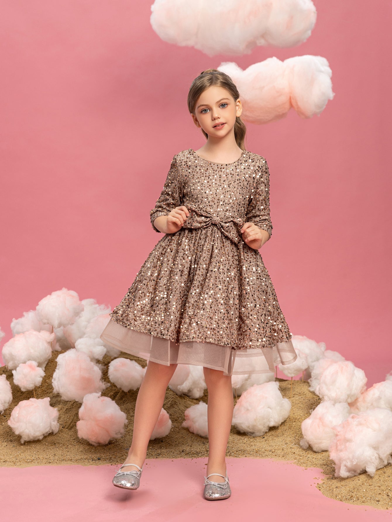 Additional product view of Three-Quarter-Sleeve Bow Detail Sequin A-Line Midi Tween Girls' Party Dress