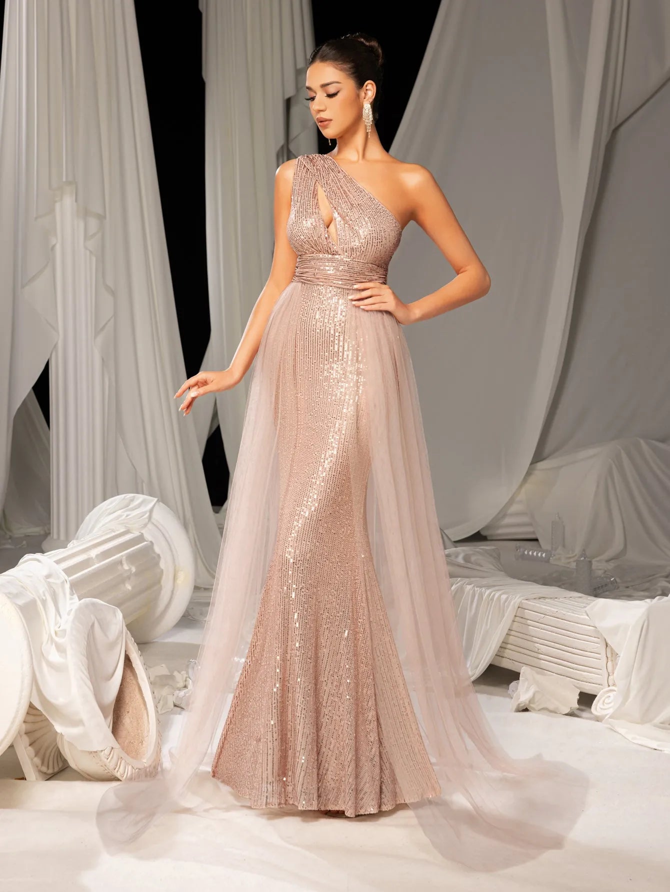 Additional product view of Mesh Overlay One-Shoulder Sequin Mermaid Sleeveless Evening Gown