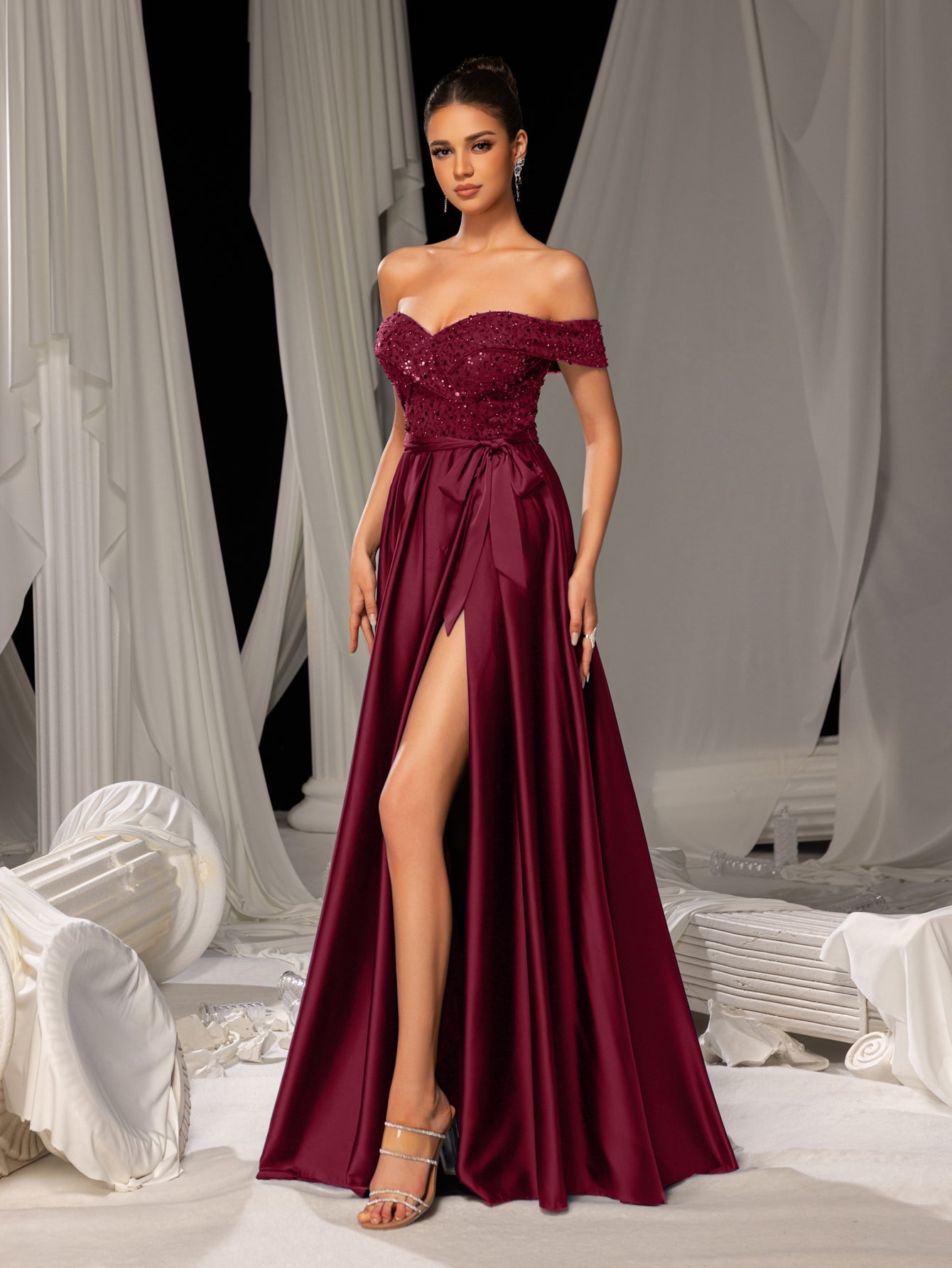 Elegant Off-Shoulder Evening Gown with Sequin Embellishments – High Slit Satin Skirt & Back Zipper for Luxury Weddings or Evening Glam, XS-XL