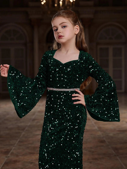 Additional product view of Bell-Sleeve Sweetheart-Neck Sequin Mermaid Maxi Tween Girls' Party Dress