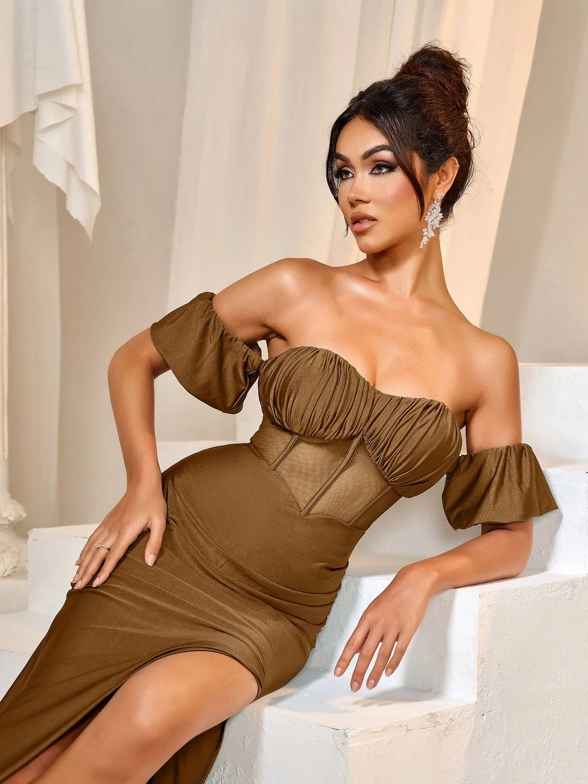 Additional product view of Mermaid Hem Off-Shoulder Knit Backless Short-Sleeve Evening Gown
