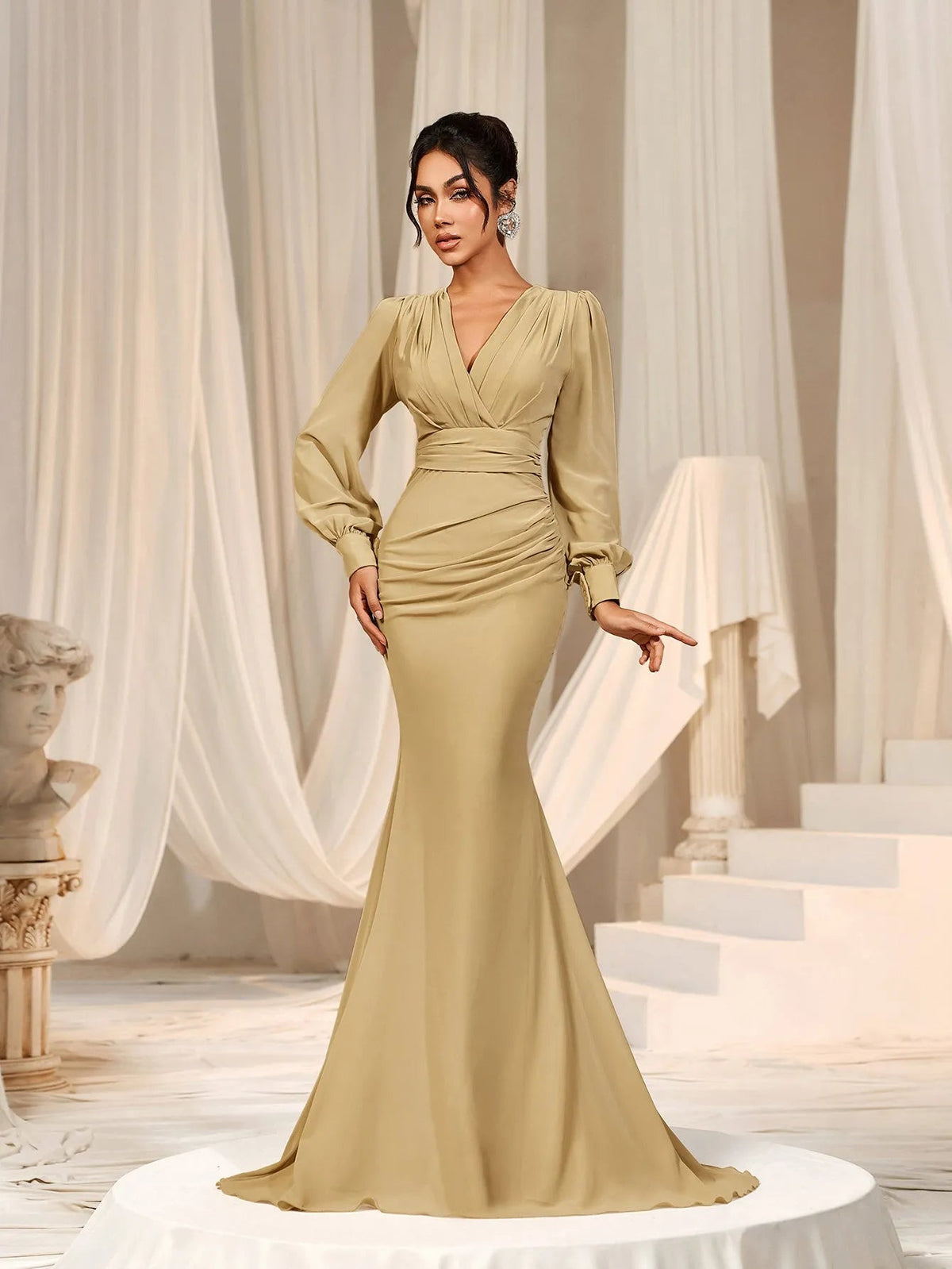 Additional product view of Surplice-Neck V-Neck Chiffon Mermaid Long-Sleeve Evening Gown