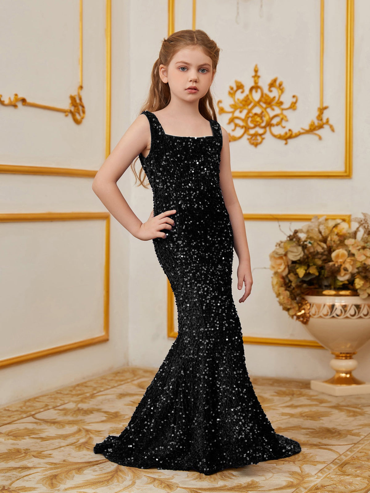 Additional product view of Mermaid Hem Square-Neck Sequin Sleeveless Maxi Tween Girls' Party Dress