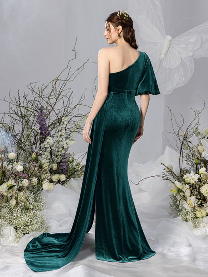 Maternity One-Shoulder Velvet Puff-Sleeve Mermaid Evening Gown — authorized product image 2