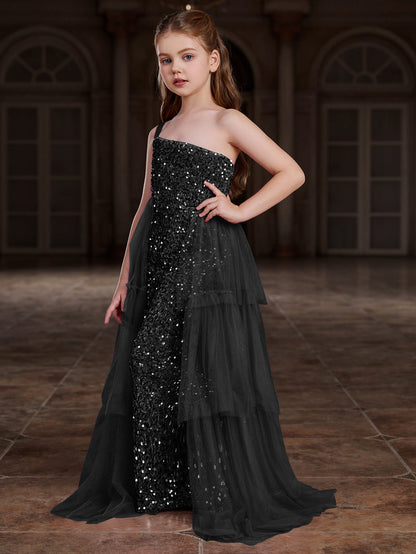 Tween Girls' One-Shoulder Sleeveless Contrast Mesh Sequin Dress — authorized product image 5