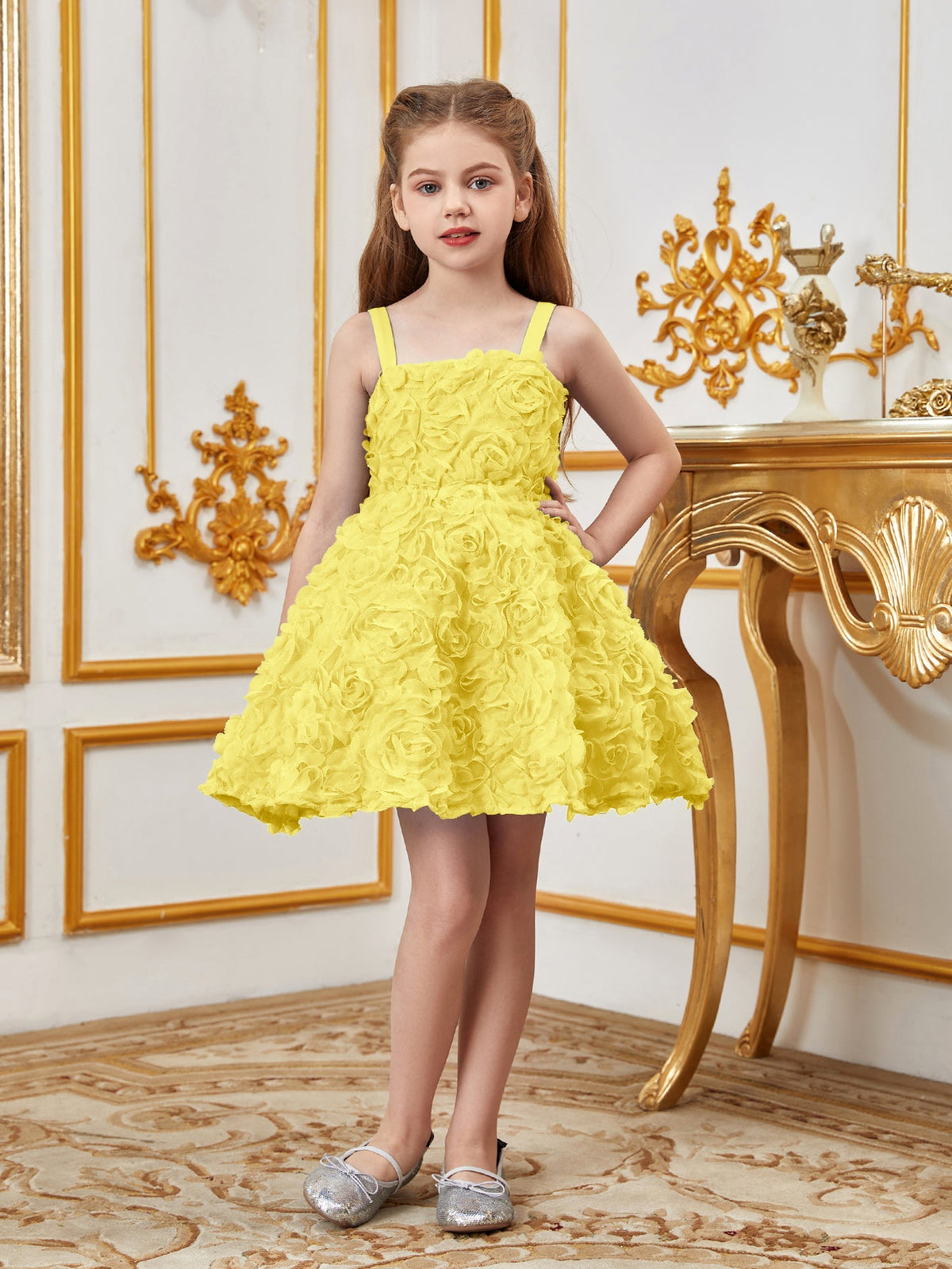 Additional product view of Floral Appliqué Cami Strap A-Line Sleeveless Mesh Tween Girls' Party Dress