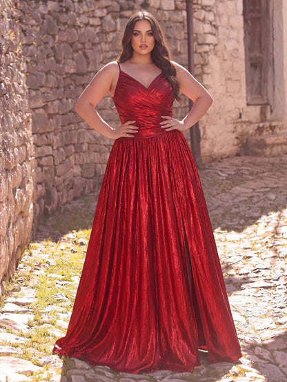 Plus Spaghetti Strap Metallic A-Line Prom Dress