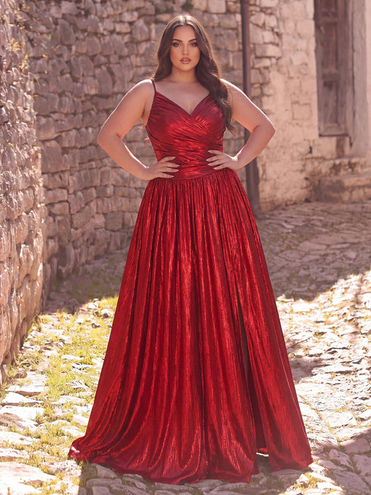 Plus Spaghetti Strap Metallic A-Line Prom Dress
