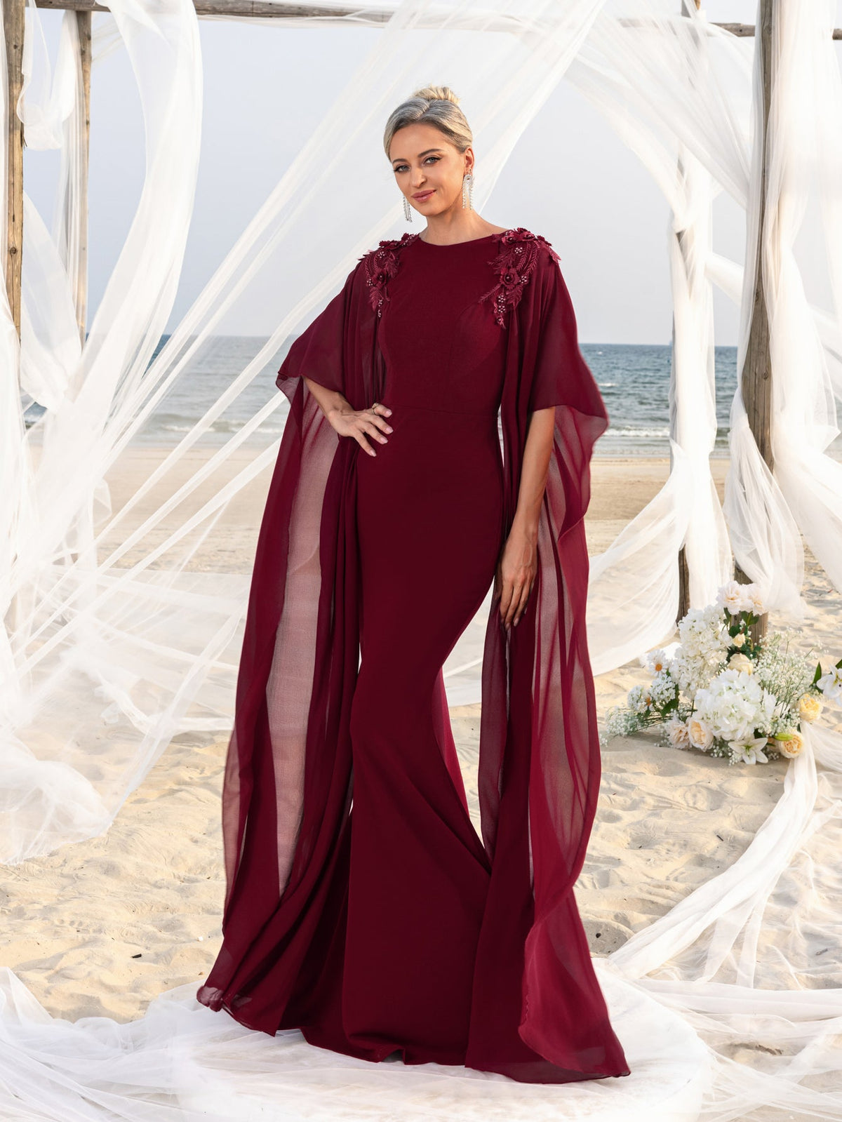 Mother-of-the-Bride Round Neck Chiffon Appliqué Half-Sleeve Mermaid Evening Gown — authorized product image 7