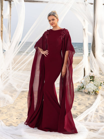 Mother-of-the-Bride Round Neck Chiffon Appliqué Half-Sleeve Mermaid Evening Gown — authorized product image 7
