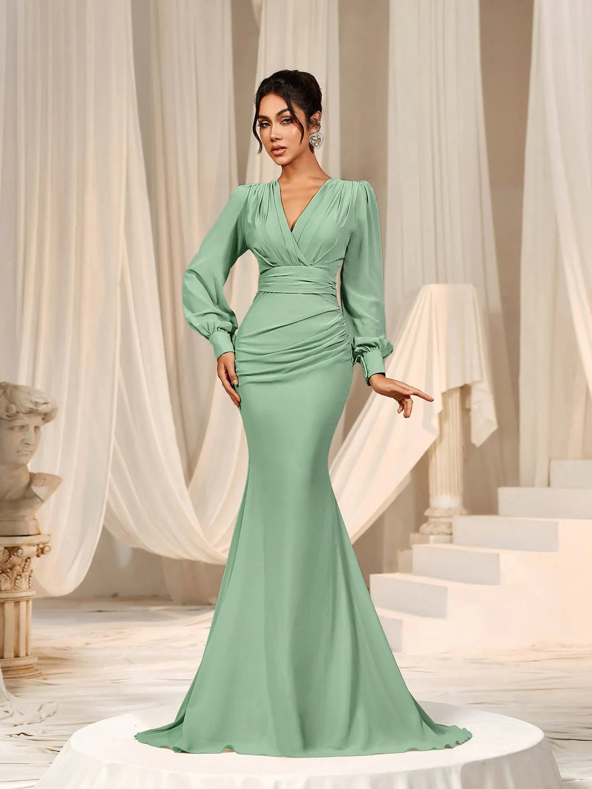 Additional product view of Surplice-Neck V-Neck Chiffon Mermaid Long-Sleeve Evening Gown