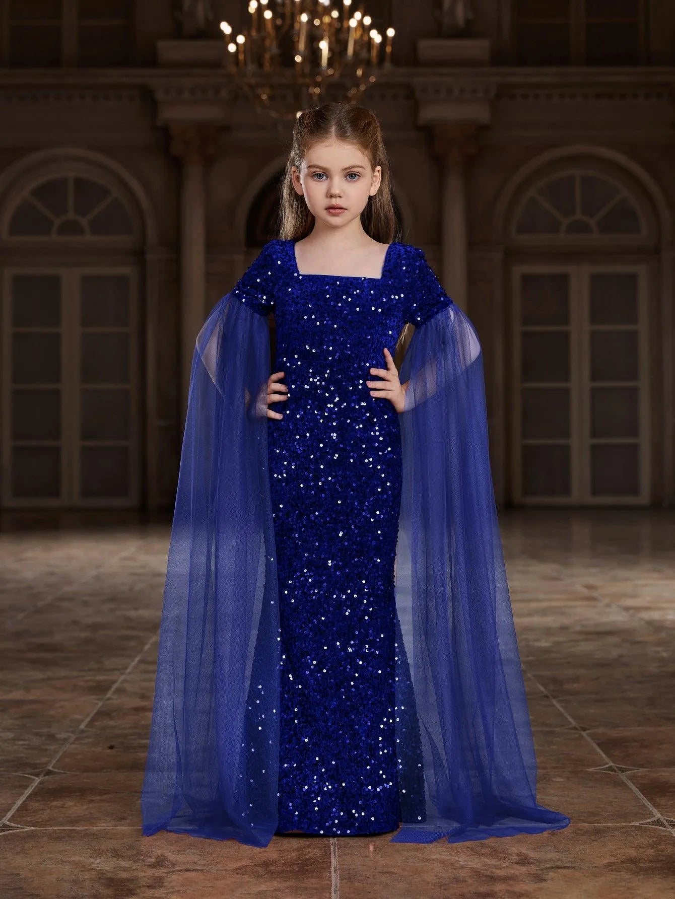 Additional product view of Cloak-Sleeve Square-Neck Sequin Mermaid Maxi Tween Girls' Party Dress