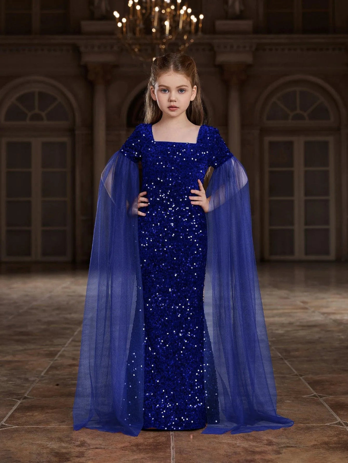 Additional product view of Cloak-Sleeve Square-Neck Sequin Mermaid Maxi Tween Girls' Party Dress