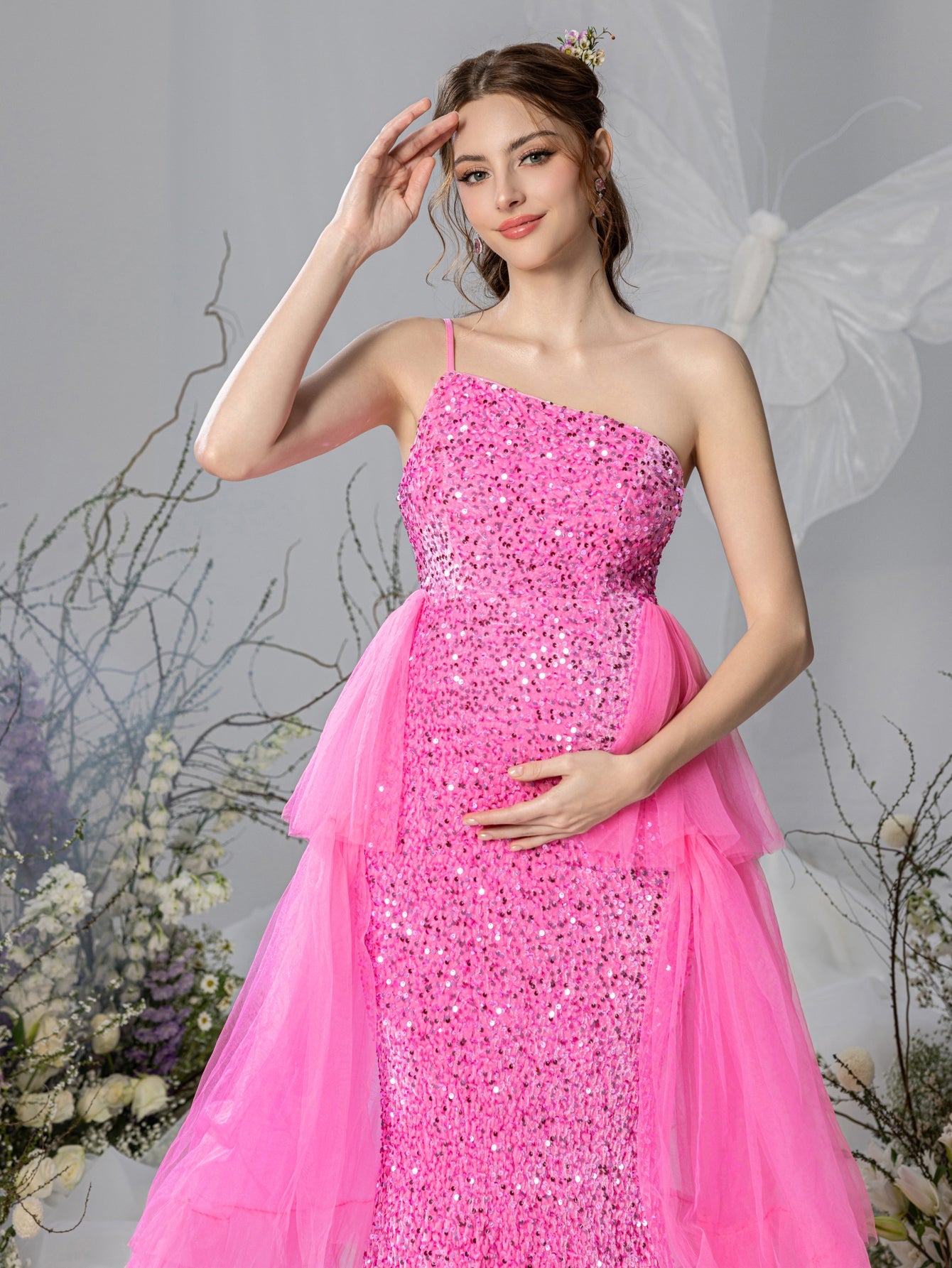 Maternity One-Shoulder Layered Mesh Overlay Sequin Party Dress – view 6