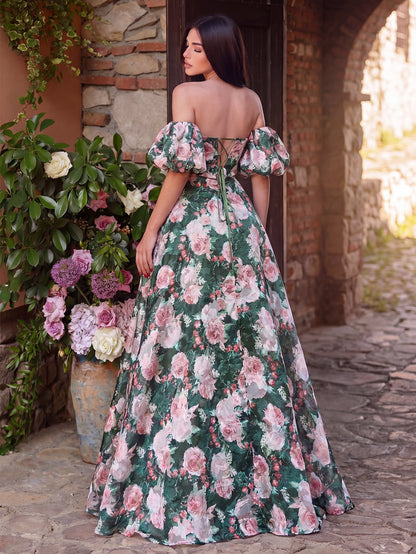 Floral Jacquard Off-Shoulder Puff Sleeve Prom Dress — authorized product image 2