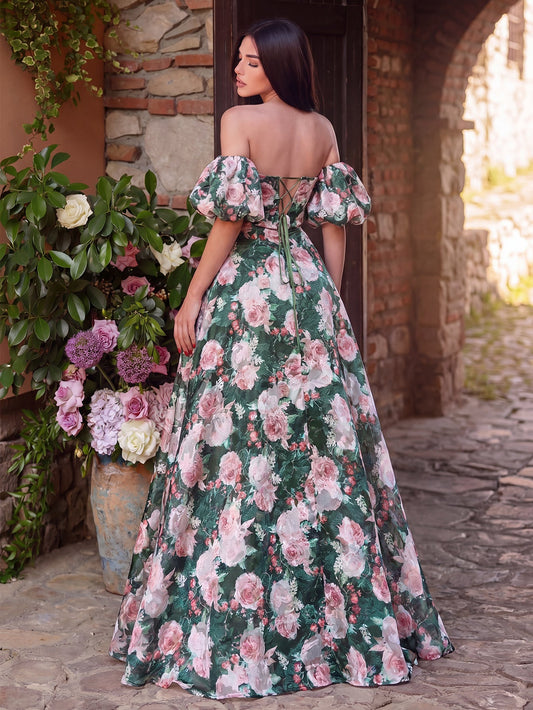 Floral Jacquard Off-Shoulder Puff Sleeve Prom Dress — authorized product image 2