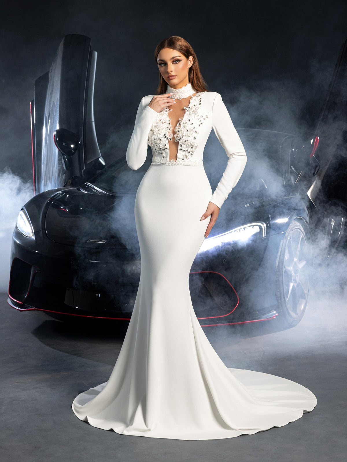 Additional product view of Mermaid Hem Knit Mock-Neck Long-Sleeve Appliqué Wedding Dress