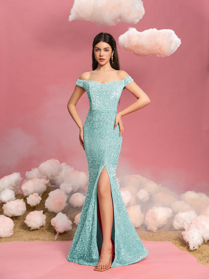 Additional product view of Mermaid Hem Off-Shoulder Sequin Short-Sleeve Maxi Teen Girls' Party Dress