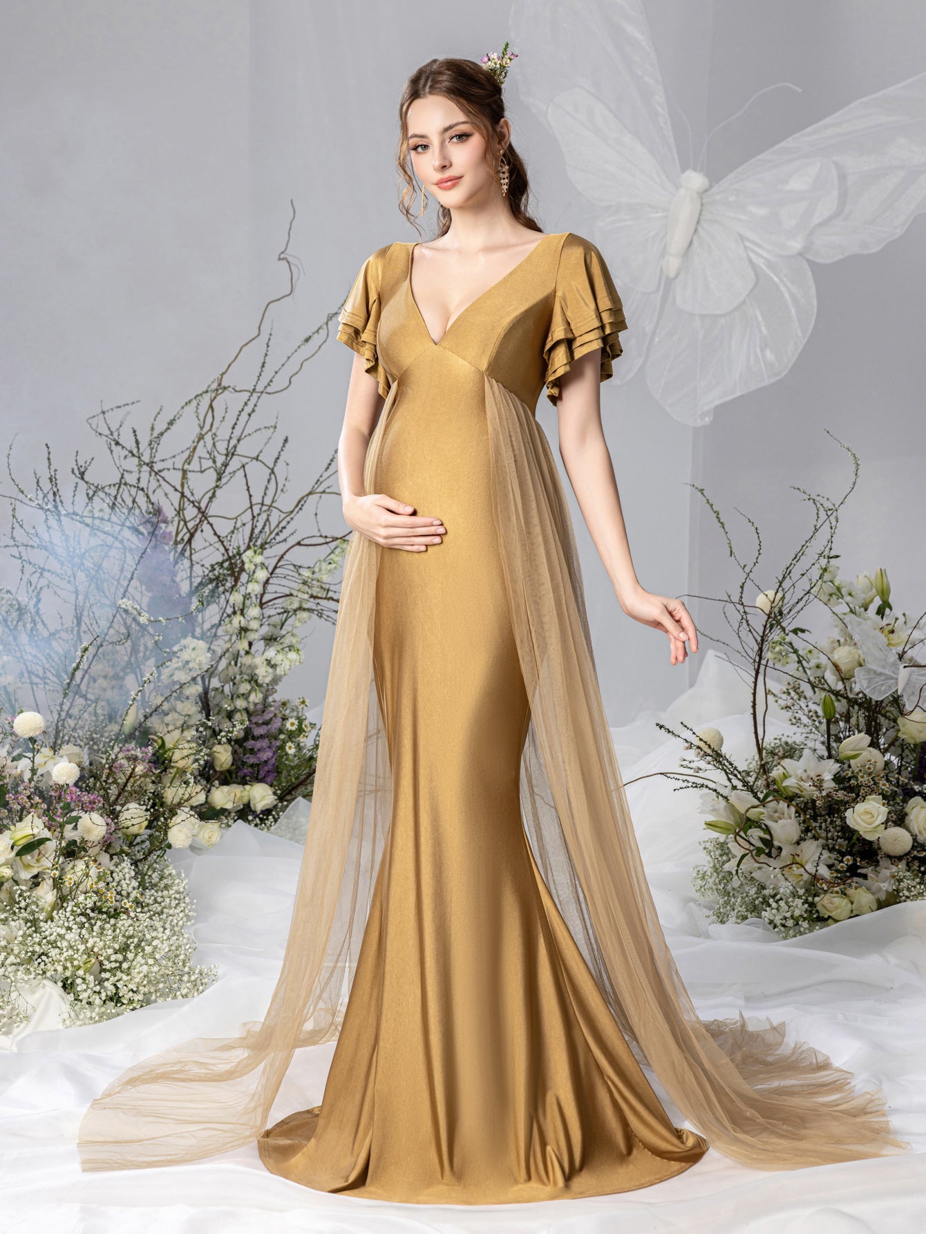 Maternity V-Neck Ruffle-Sleeve Mermaid Evening Dress - product image 4