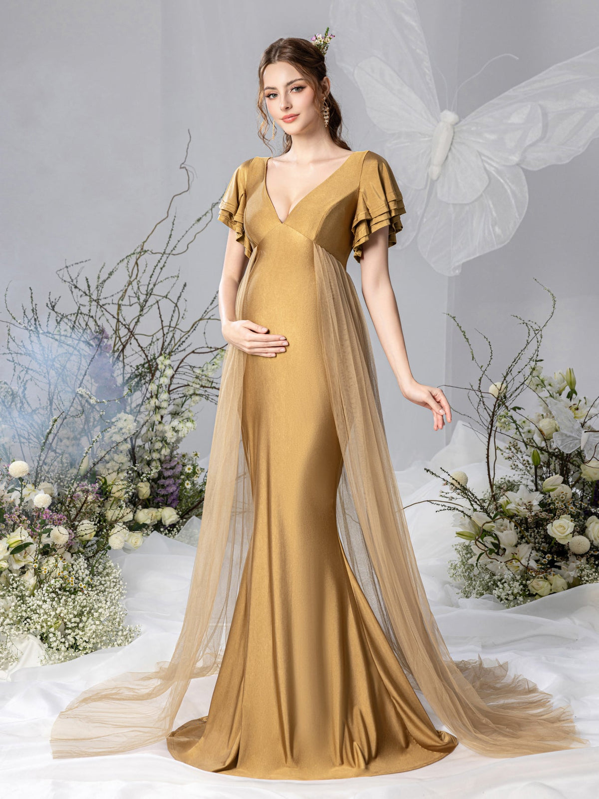 Maternity V-Neck Ruffle-Sleeve Mermaid Evening Dress - product image 4