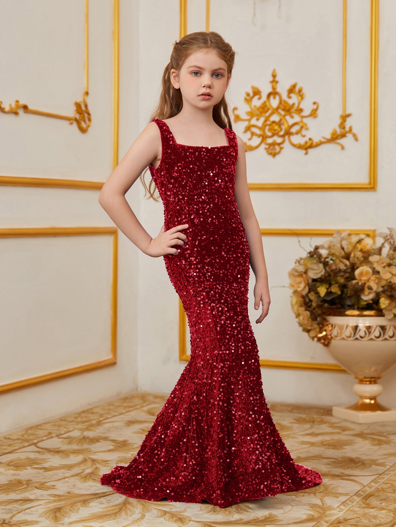 Additional product view of Mermaid Hem Square-Neck Sequin Sleeveless Maxi Tween Girls' Party Dress