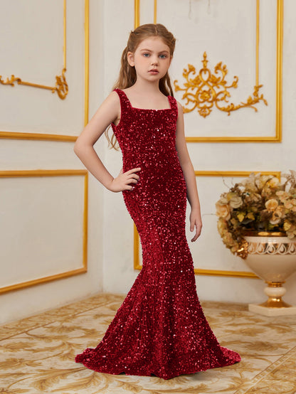 Additional product view of Mermaid Hem Square-Neck Sequin Sleeveless Maxi Tween Girls' Party Dress