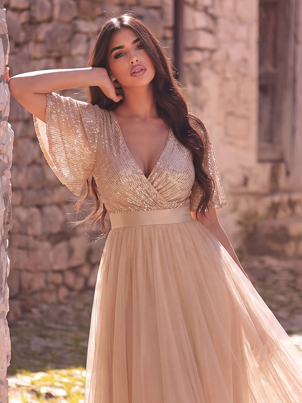 Additional product view of Surplice-Neck V-Neck Mesh Sequin A-Line Evening Gown