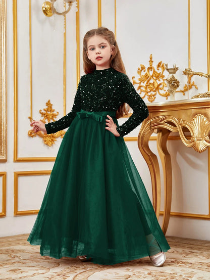 Additional product view of Bow Detail Mock-Neck Sequin A-Line Long-Sleeve Tween Girls' Party Dress